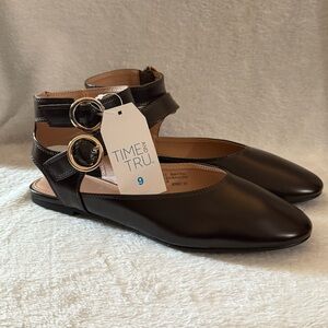 Time and Tru Women's Dark Brown Ankle Strap Flats Memory Foam Size 9